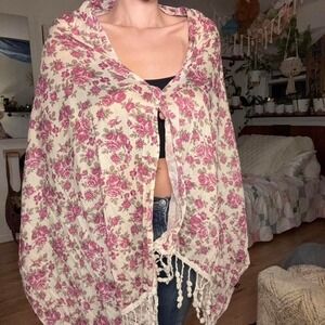 Floral Scarf Bundle Pink Rose Fringe Shawl and Border Print Wrap Set